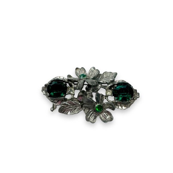 Paul Sargent Jewelry - Paul Sargent 24KP Brooch With Green Clear Crystals Floral Design